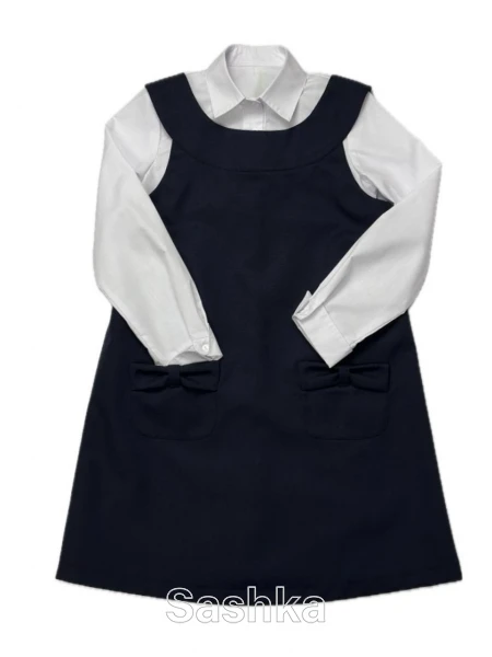 Сарафан для дівчинки Sashka шкільний синій (напіввовна), розмір 116-146